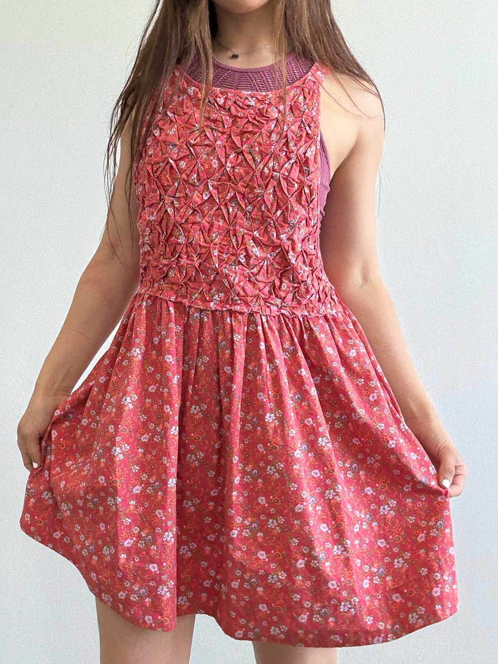 Free People Coral Pink Smocked Mini Dress